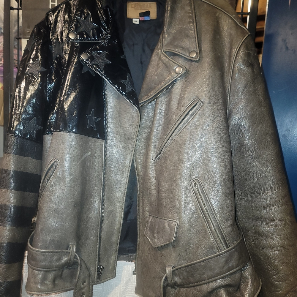 Men's Black and Gray Star-Embellished Leather Jacket